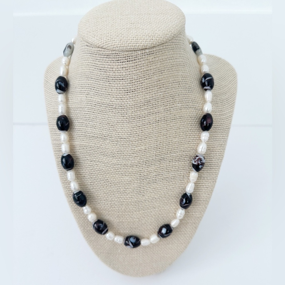 NWT Genuine Murano Glass & Pearls Necklace Black White